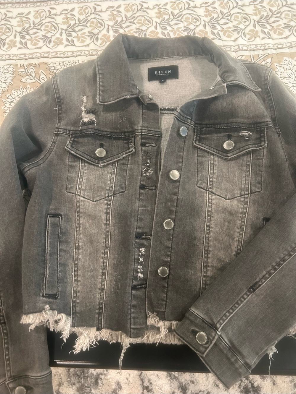 Risen Women's Gray Distressed Denim Jacket